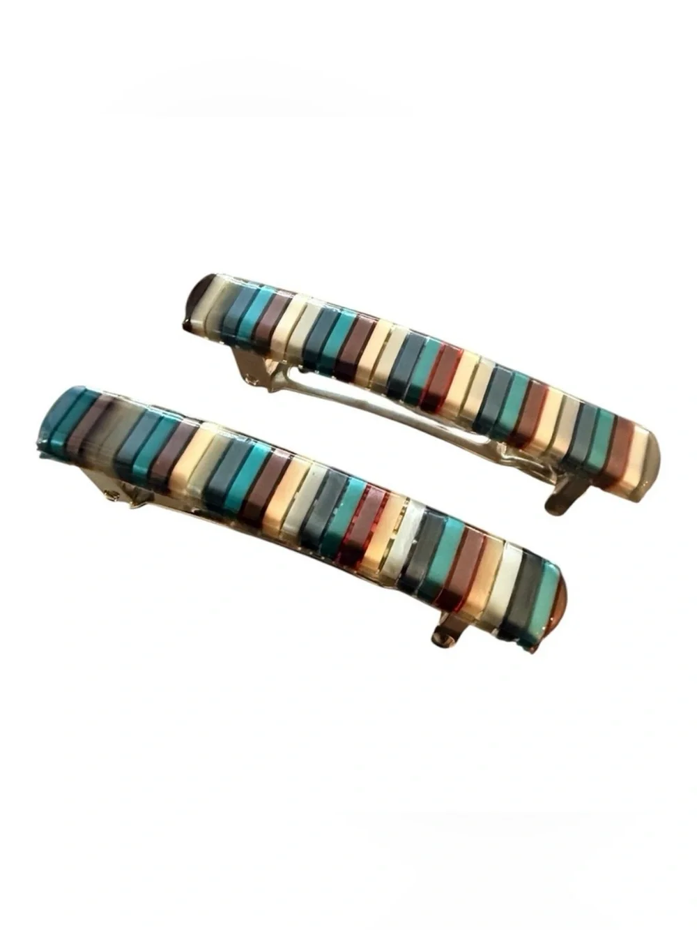1970’s Multi Colored Striped French Barrettes Hair Clips,  Blue, Deadstock, Made